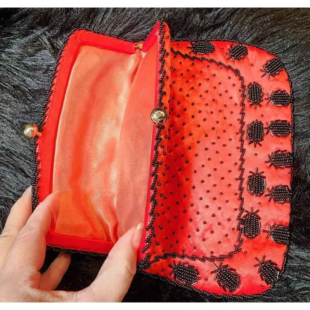 Vintage Fold Over Hand Beaded Pineapple Clutch Purse, Red Satin Black Beads